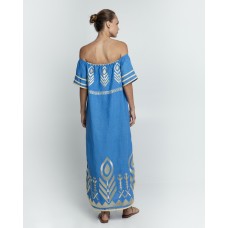 Greek Archaic Kori Long Feather Strapless Dress - Blue Raf / gold