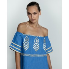 Greek Archaic Kori Long Feather Strapless Dress - Blue Raf / gold