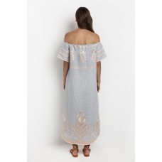 Greek Archaic Kori Long Feather Strapless Dress - light grey and pink