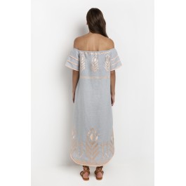 Greek Archaic Kori Long Feather Strapless Dress - light grey and pink