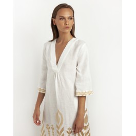 Greek Archaic Kori Feather Chevron Dress - White / Gold 