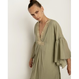 Greek Archaic Kori  - Ruffled Maxi dress - tea and gold