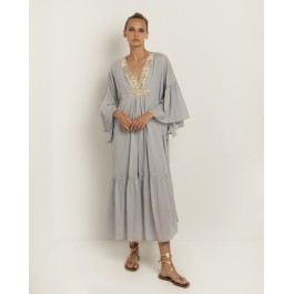 Greek Archaic Kori  - Ruffled Maxi dress - light grey and gold