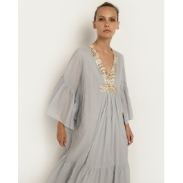 Greek Archaic Kori  - Ruffled Maxi dress - light grey and gold